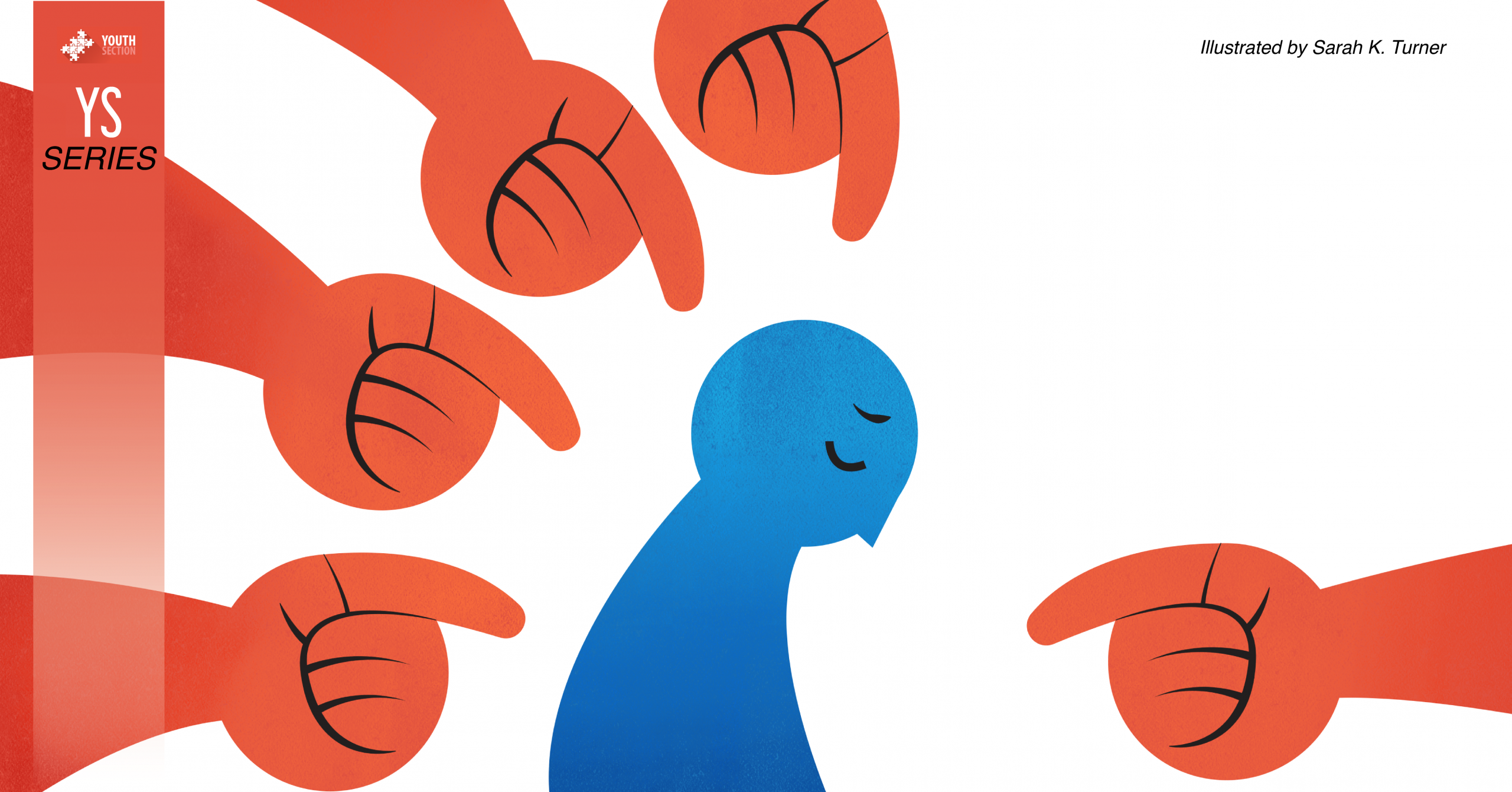 Illustration of five hands pointing to a slumped over, sad figure, representing bullying.