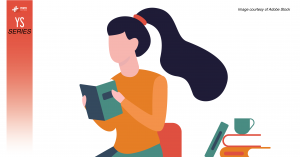 Illustration of a girl reading a book with a pile of books and a cup next to her.