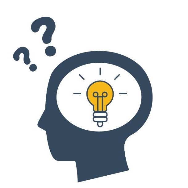 Light bulb flashing inside the head with question marks above it.