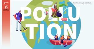 Depiction of the planet Earth with the word "pollution" across the illustration. A few people are cleaning the waters and tending to the land.