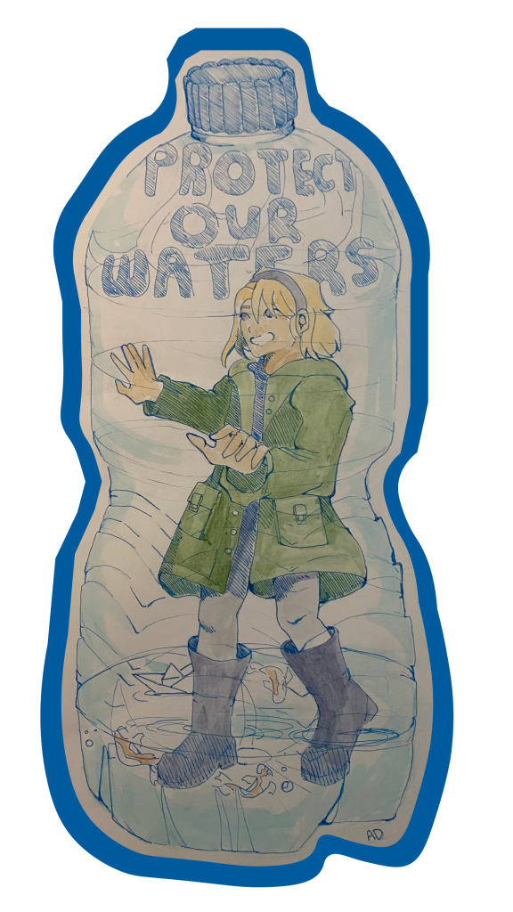 Illustration of a girl trapped inside the plastic water bottle with text on top of her “Protect Our Waters.”