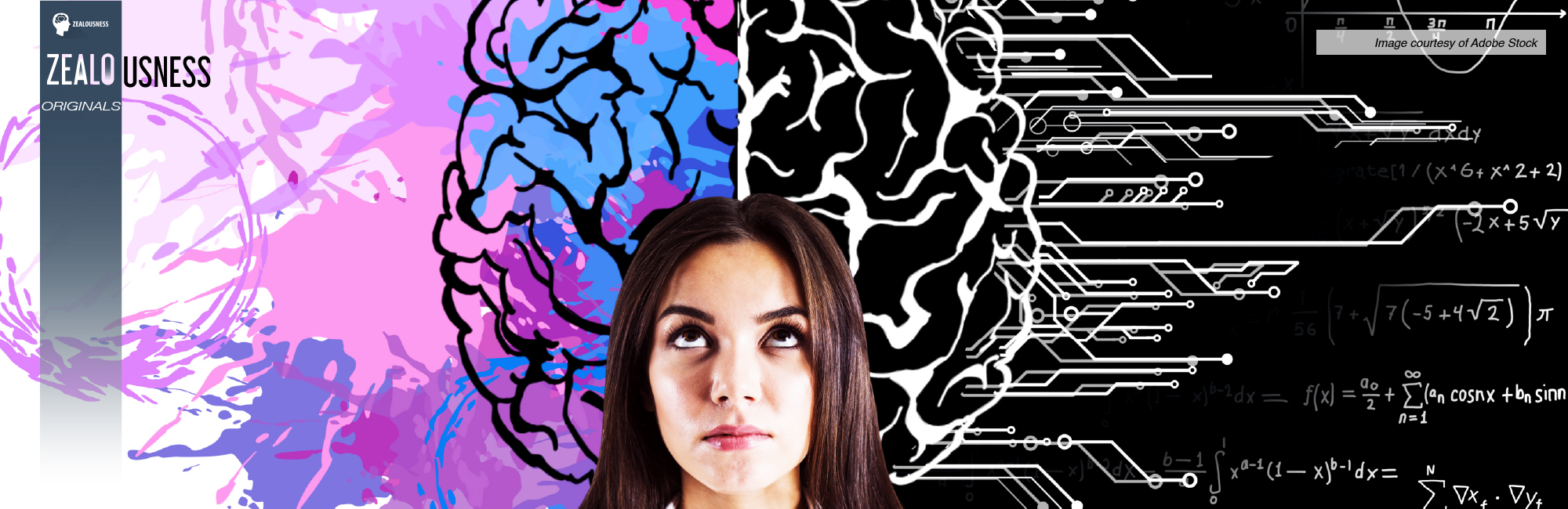 A young woman standing in front of the whiteboard with a colorful illustration of a brain and math formulas.