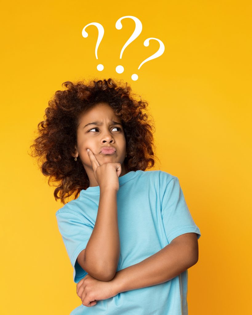 A young BIPOC student standing in front of an orange background with a confused look on her face and three question marks above her head. 