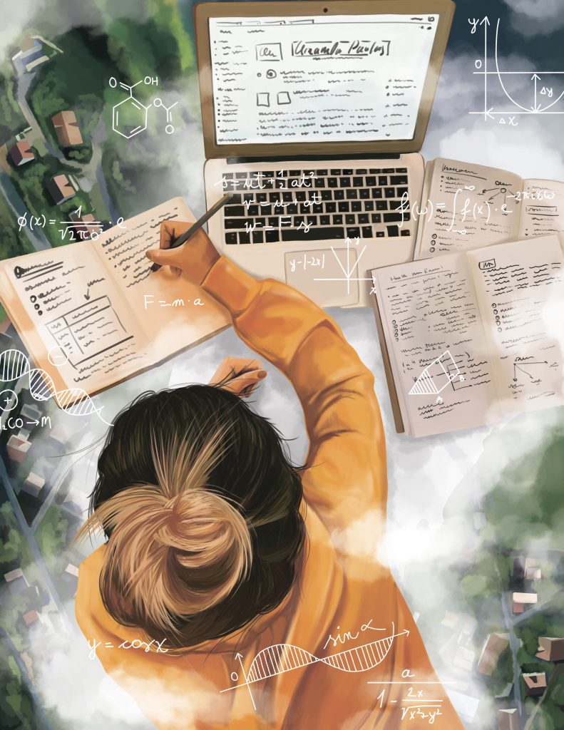 An illustration of a young girl in an orange hoodie sitting at the desk and working on her homework studies.