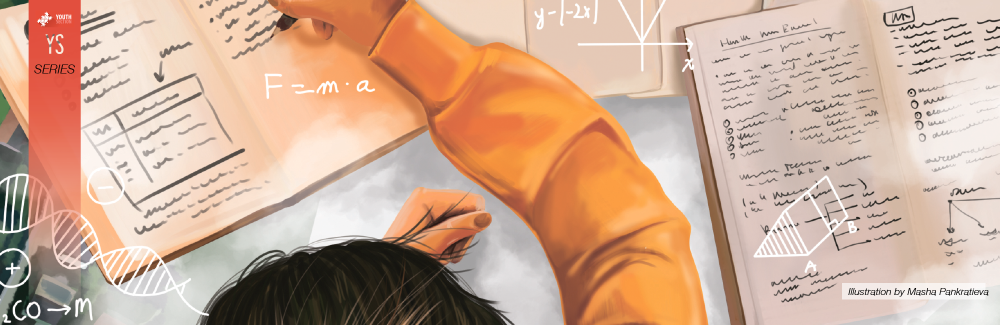 An original illustration of a young girl in an orange hoodie sitting at the desk and working on her homework studies.