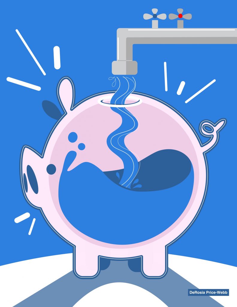 Illustration of a see-through piggy bank being filled up with a water from a running faucet.