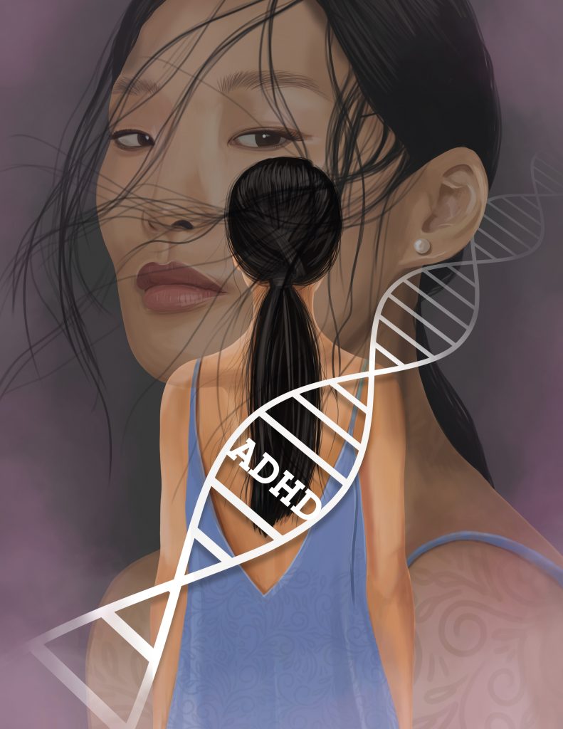 Illustration of an Asian woman with depiction of a DNA code in the background