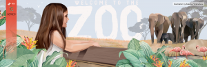 Illustration of a brown-haired girl leaning on the bench looking at the elephants and pelicans.