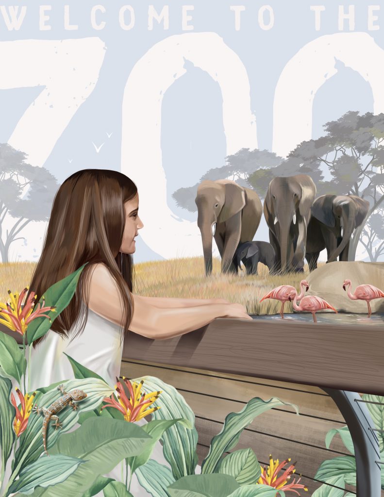 Illustration of a brown-haired girl leaning on the bench looking at the elephants and pelicans. 