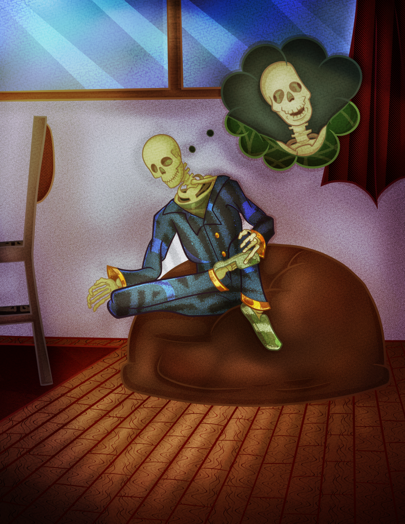 positive mindset – illustration of a skeleton in a suit sitting on the bean bag with a though bubble above it