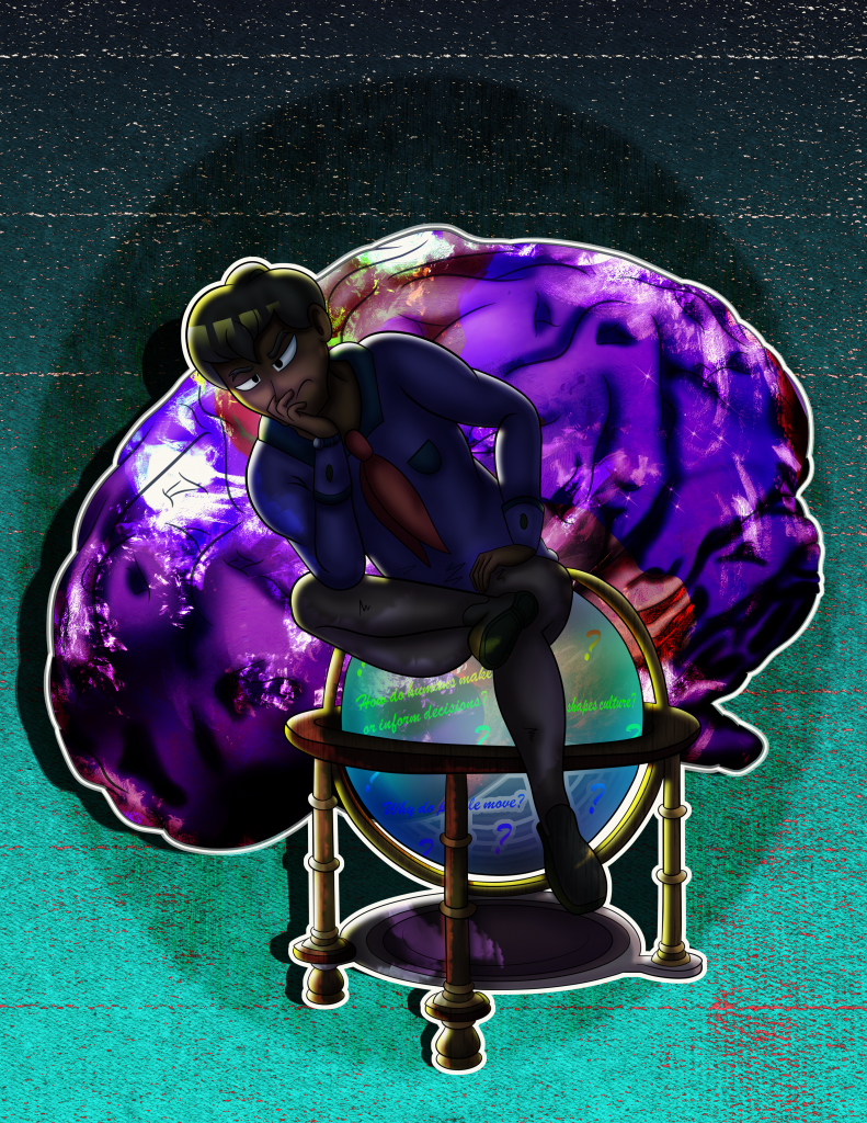 Teacher is thinking about how to improve students’ studies better while sitting on a confused globe with Earth-shaped brain in the background.