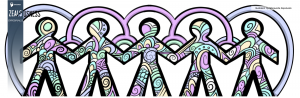 Building trust in communities – illustration of figures holding hands with colorful patterns