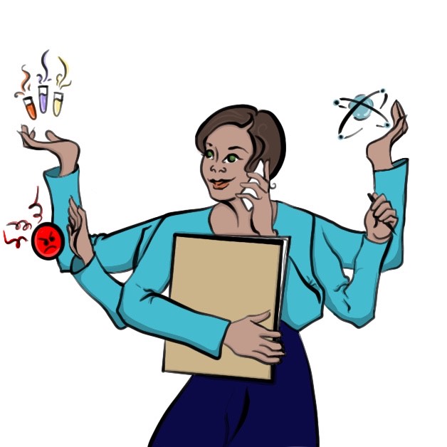 Illustration of young woman in a turquoise blouse juggling several activities with her six hands. 