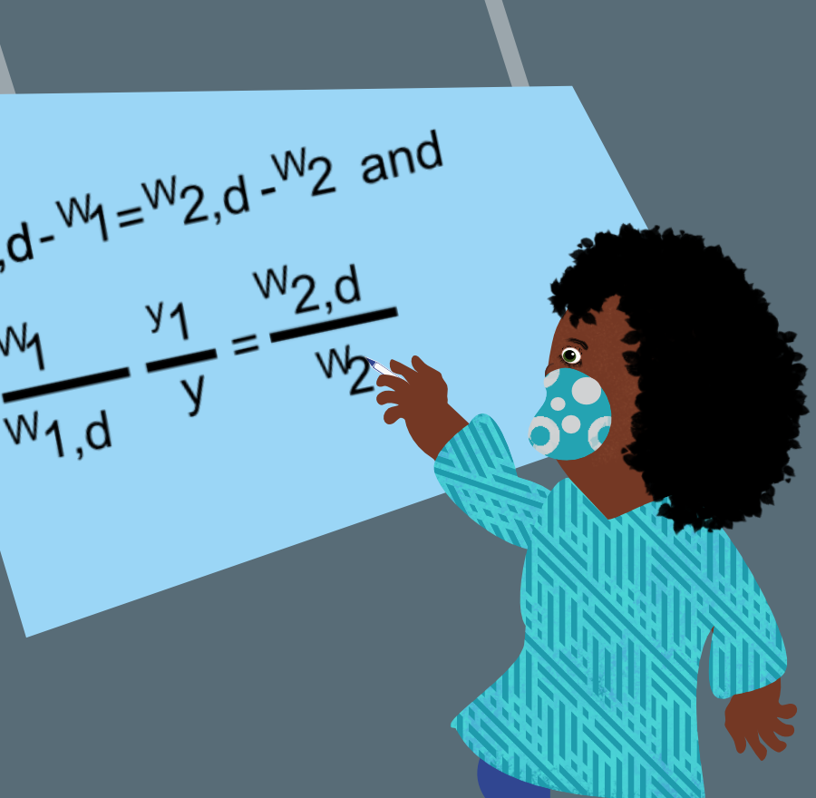 A young African-American girl wearing a face mask calculates mathematical formulas on a whiteboard. 