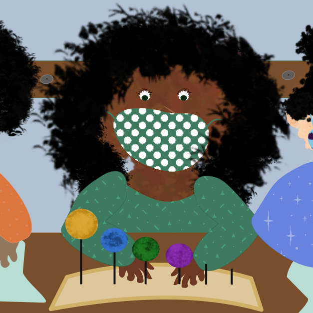 A group of ethnic girl students are working on their STEM projects. Illustration by Lisa Van Dyke.