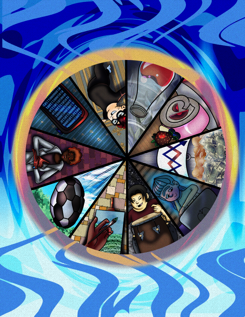 A pie-chart wheel with images of a variety of summer activities. 