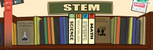 An illustration of a bookshelf with four books centered in the middle represents STEM.