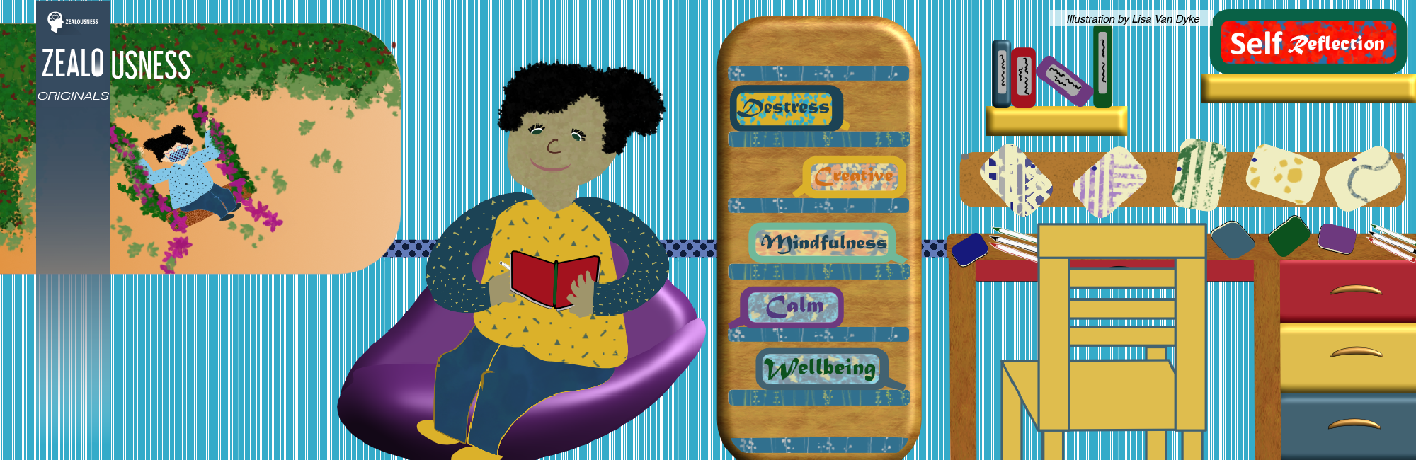 A black-haired woman is sitting in her cozy chair inside her room filled with fun patterns and books on mindfulness and self-reflection. A little kid can be seen swinging outdoors in from of the window.