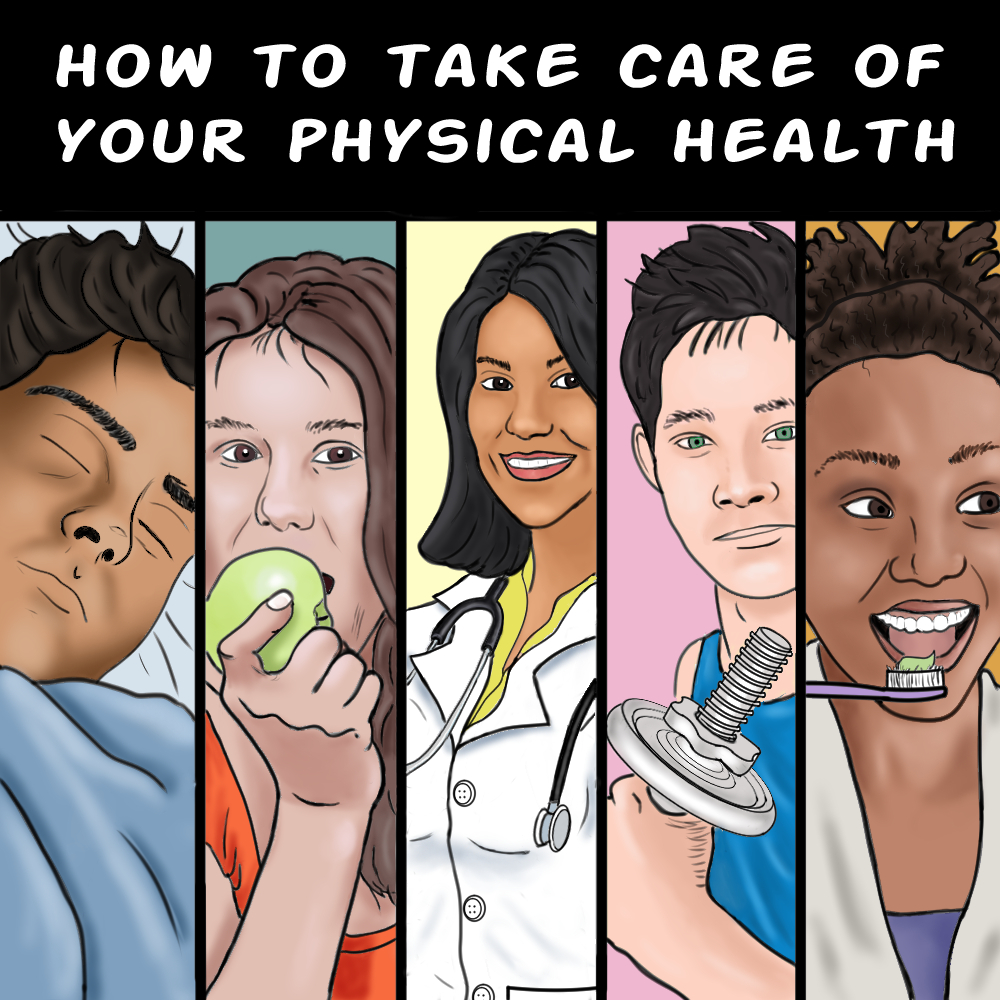 An illustration depicts five rectangles featuring five diverse individuals engaging in activities to help them improve their physical health. 