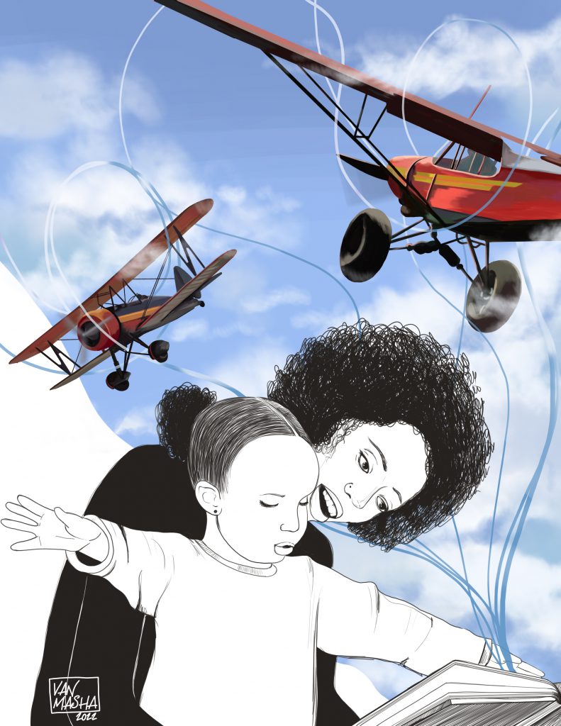 A line illustration of a mother holding her child in front of the full-color background with a picture of old-fashioned airplanes flying in the sky.