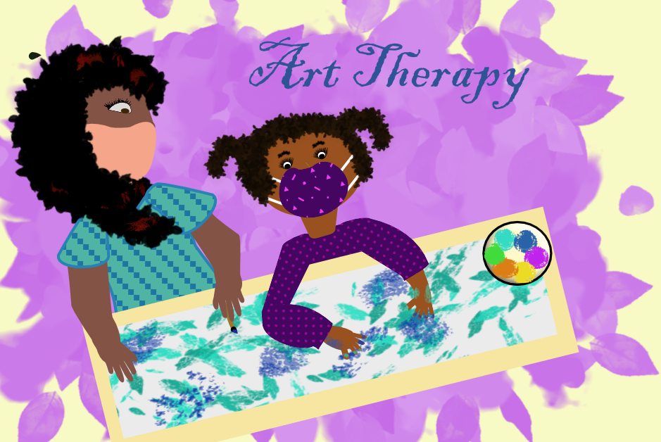 Illustration of a mother and daughter are playing with colorful artwork. Illustration by Lisa Van Dyke.