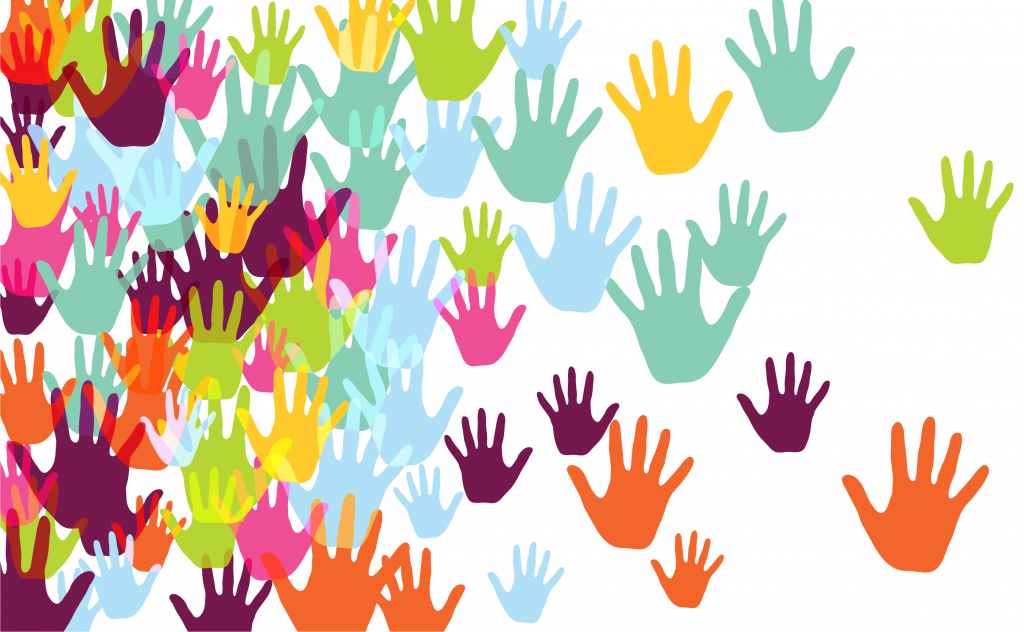 An illustration of multi-colored hands that are spread across the picture. 