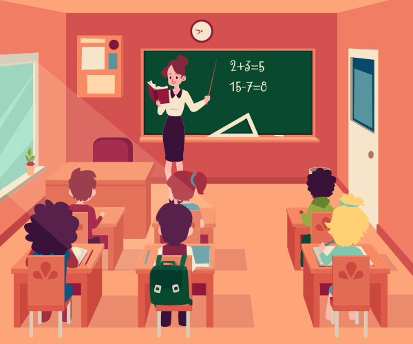 The illustration depicts a brown-haired female teacher as she talks to a small classroom of kids.