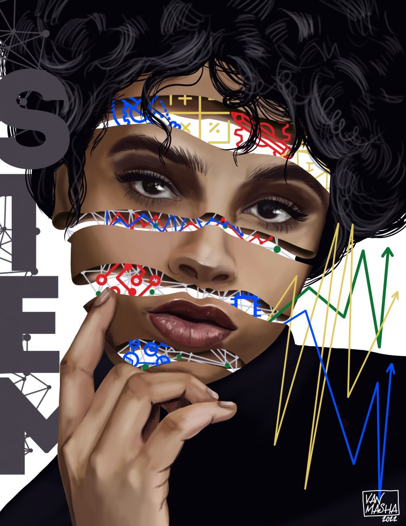 An illustration of a young African-American woman featuring expressive strokes through her face and the word STEM in the background.
