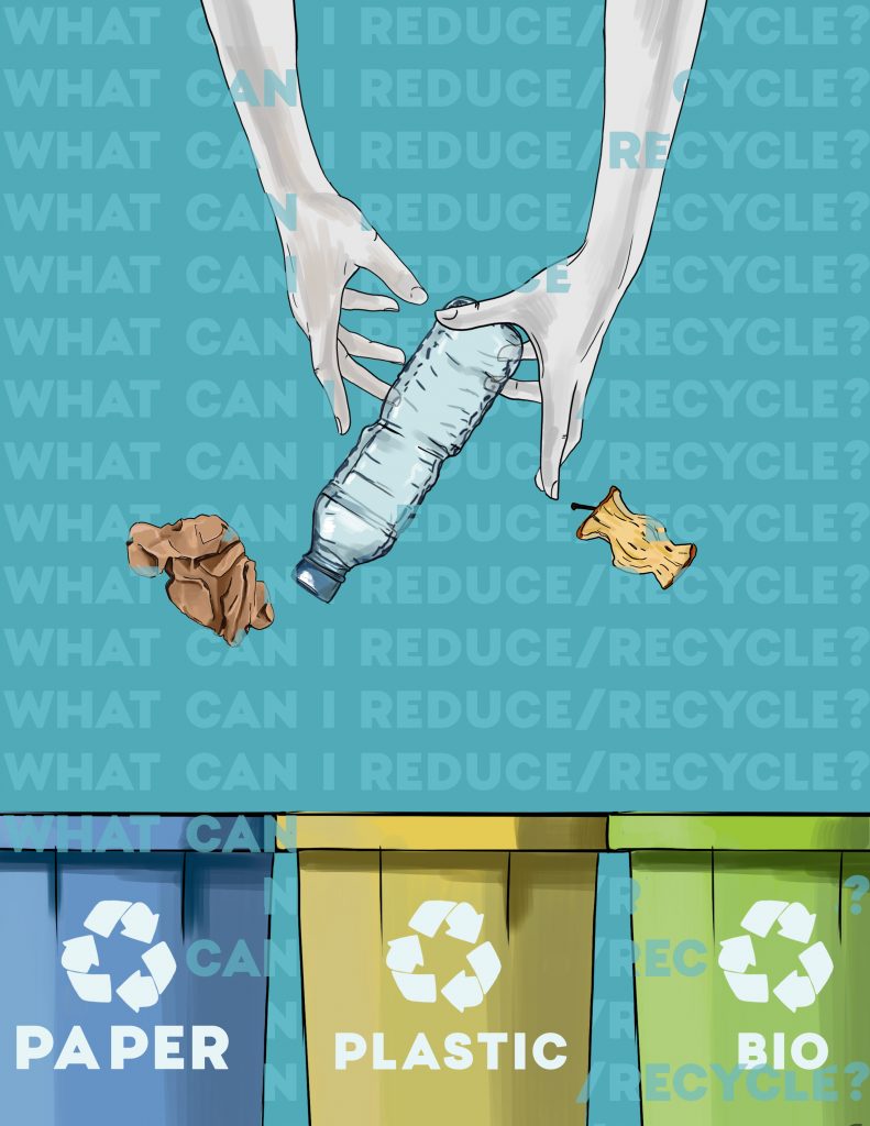 An illustration depicts pair of hands throwing different trash items into individual recycling trash cans.