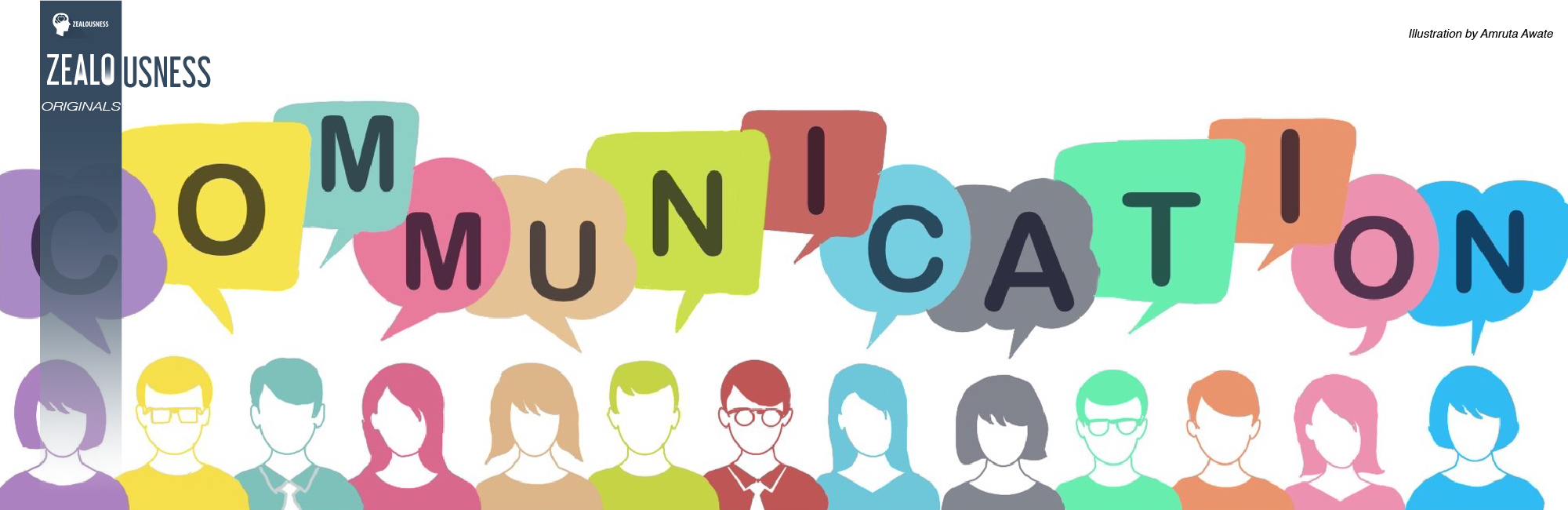 Colorful illustration of person icons with speech bubbles "Communication"