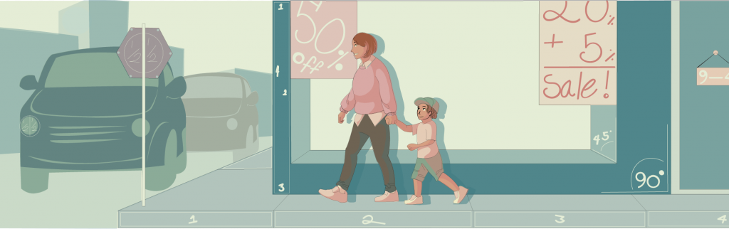 Illustration of a corner shop and the street traffic. Mother and her child are passing by a shop window. Illustration by Kyarra Jennings.