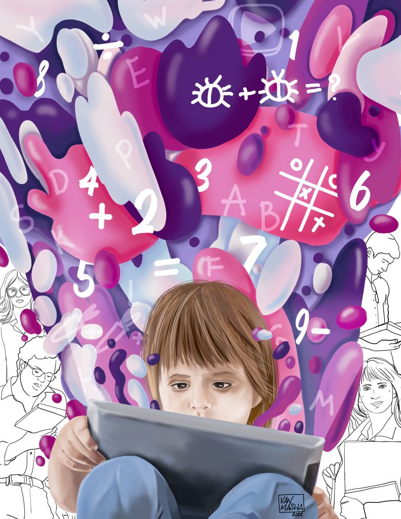 A colorful depiction of a child looking at the tablet screen is in the forefront of the black and white illustration depicting adults reading. 