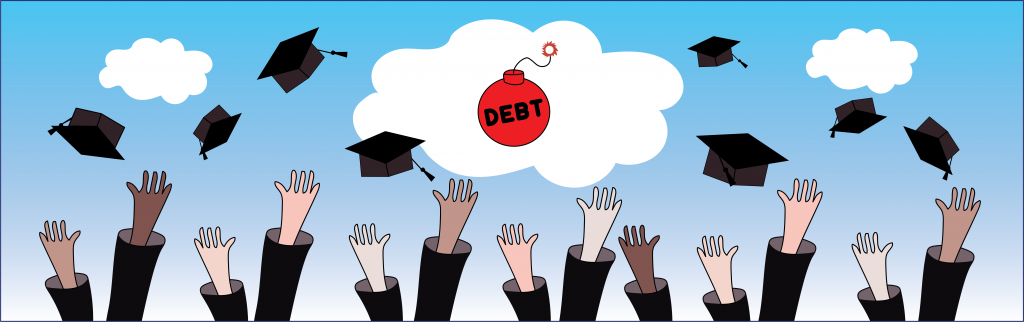 Illustration of students’ hands throwing their graduation caps into the air. A red picture of a bomb with the word “debt” hovers above the hats in the air.