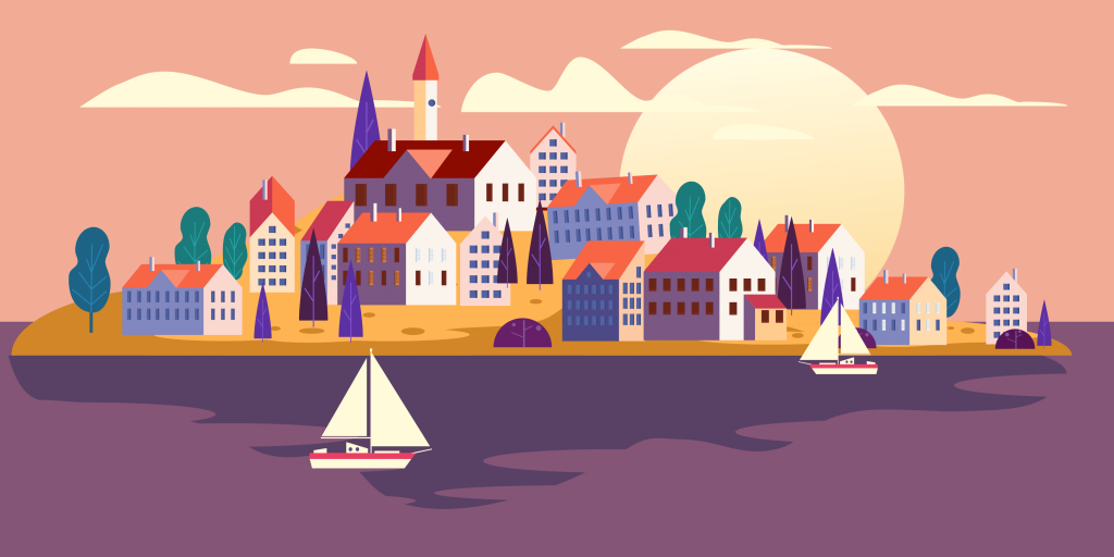 Colorful illustration of a small town on an island surrounded by the sea.