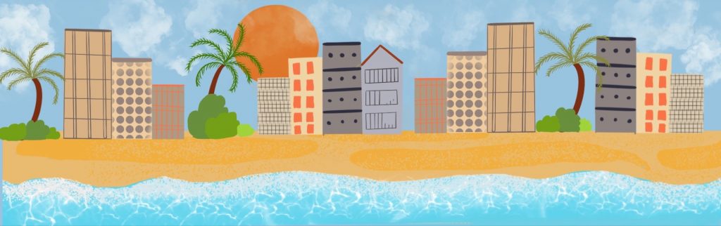 A colorful illustration of a coastal city with a beach shore and palm trees. 