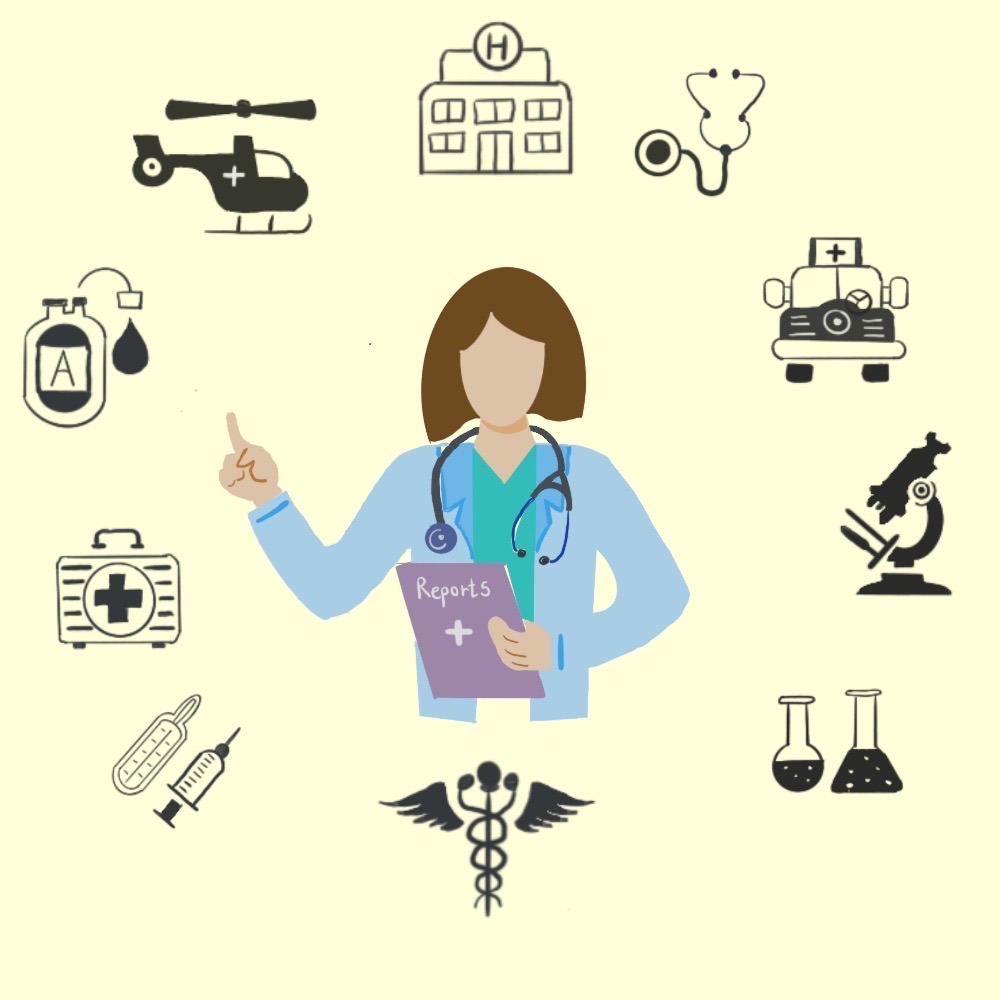 Illustration of a female nurse surrounded by various medical-related icons.