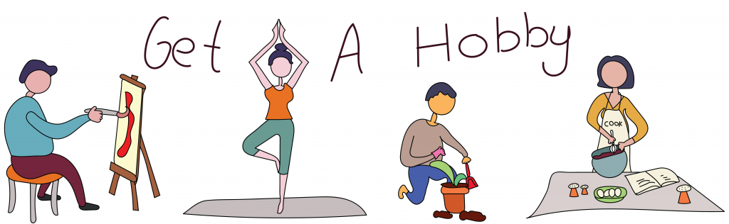 The illustration depicts several individuals engaging in hobbies like painting, yoga, cooking, and gardening.