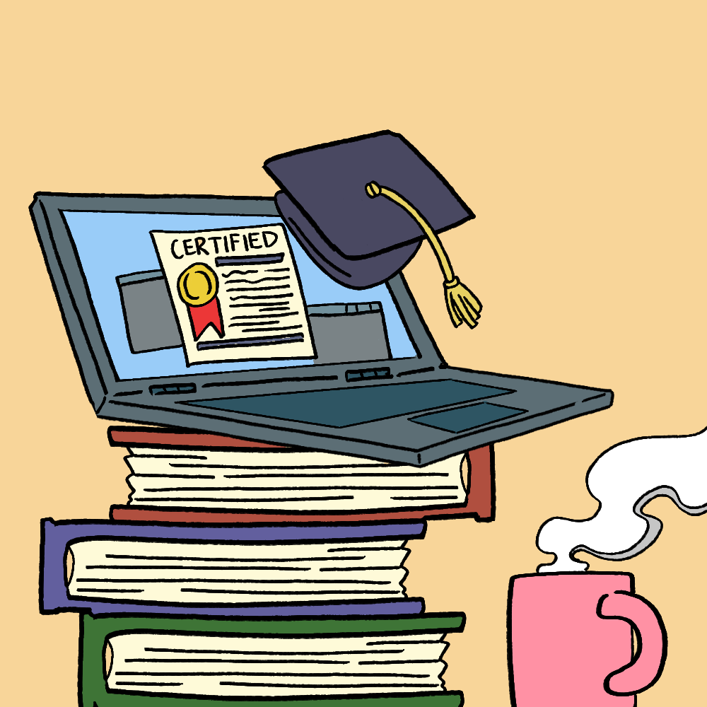 A computer with graduation cap is stacked on the top of a pile of books. Illustration by Anna Leon.