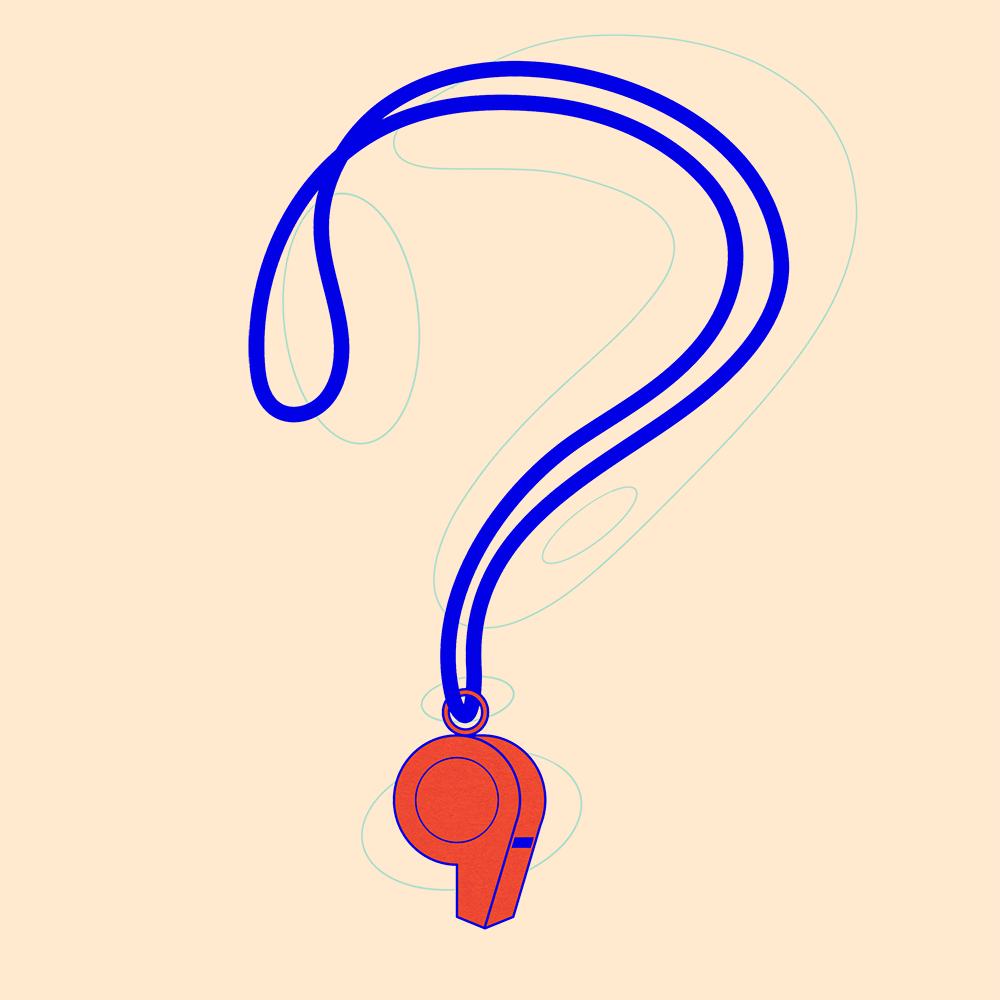 whistle with its string forming a question mark to highlight the question about coaching styles.