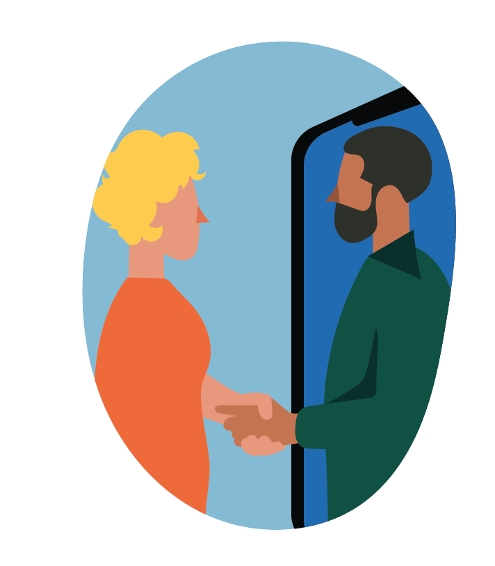 A man and a woman greet each other by shaking their hands. 