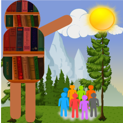An illustration depicts a group of multi-colored persons standing outdoors beside a book-patterned gigantic person. Illustration by An illustration depicts a group of multi-colored persons standing outdoors beside a book-patterned gigantic person. 