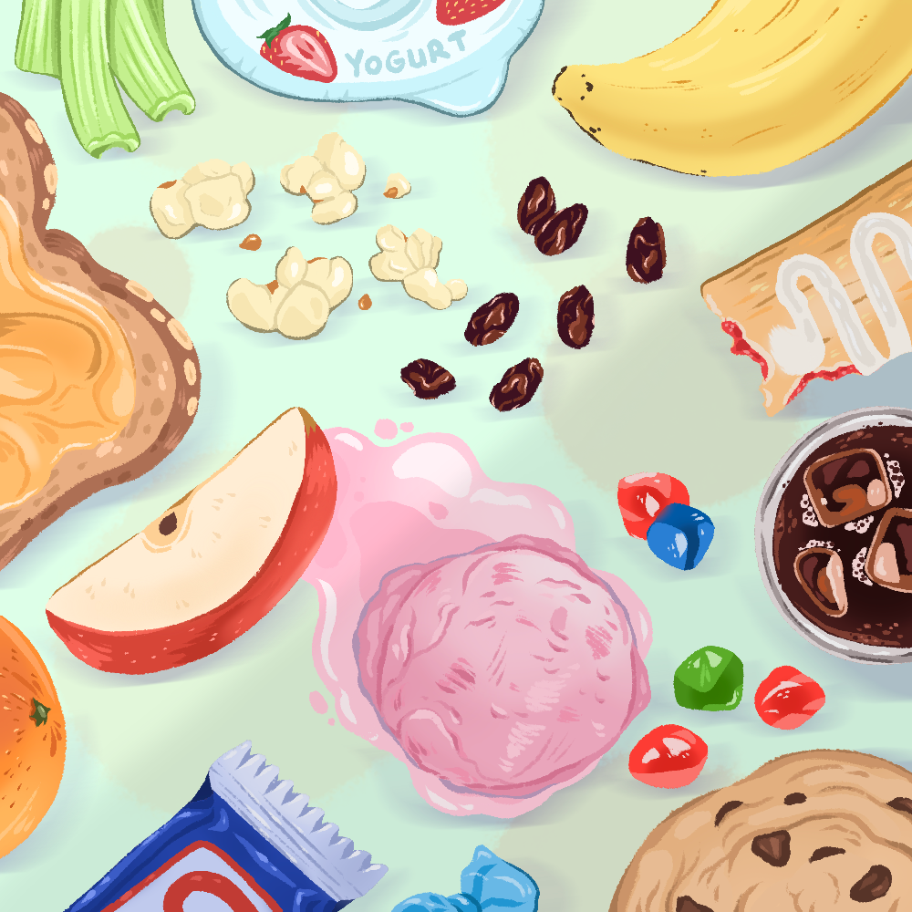 A table is full of different healthy snacks and some sweets.