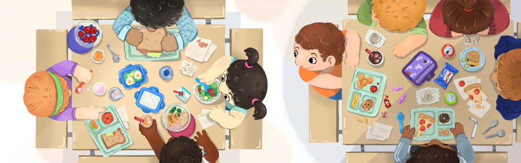 An arial view of a school cafeteria with diverse children sitting at their tables and eating snacks. 