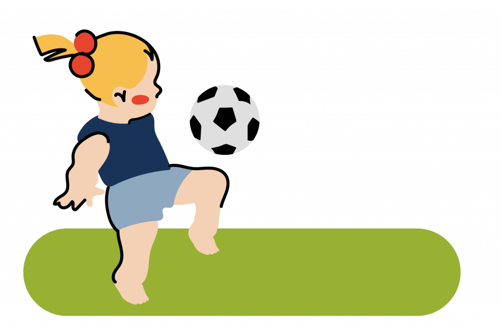 Young blond girl is playing soccer.
