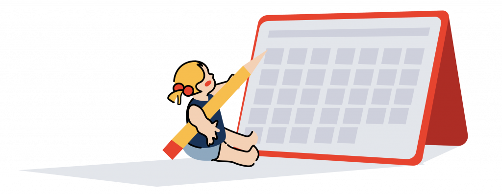 A young blond girl sits in front of a giant calendar.