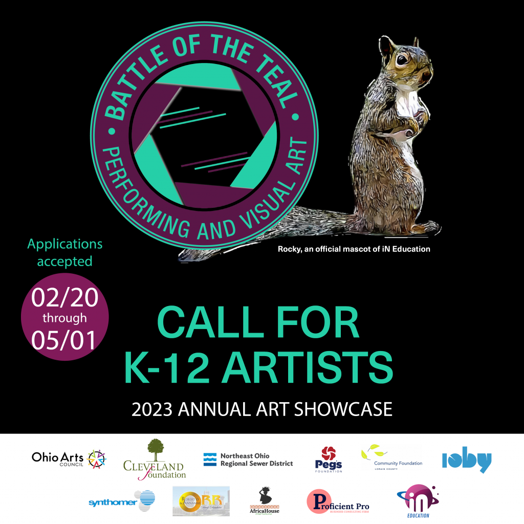 express your love for arts - cover art includes program logo, sponsors logos and an illustration of a company mascot Rocky the Squirre.