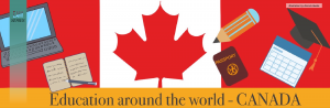 The flag of Canada is a backdrop of the illustration that contains several education-related objects.