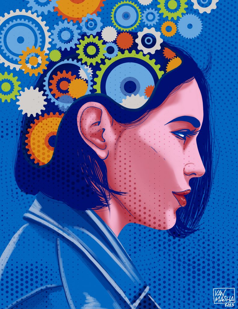 An illustration depicts a profile of a young female’s head – a bunch of colorful gear icons ascending from her head into the air.