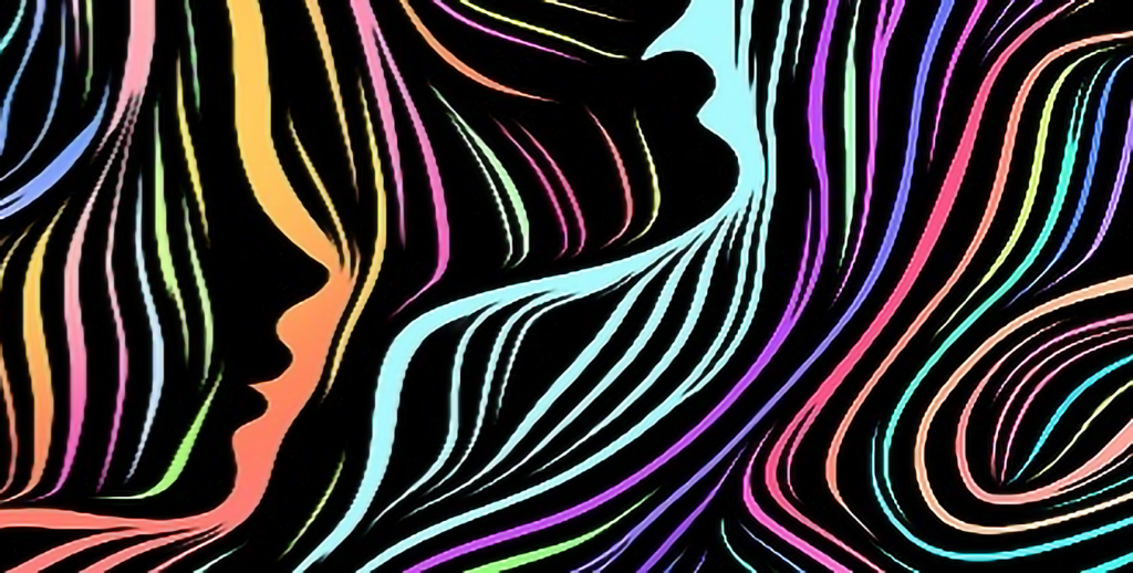 Colorful abstract line art illustrates a profile of a human face.
