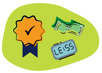 An illustration depicts a certificate icon with a digital clock with the word “less” and dollar bills.
